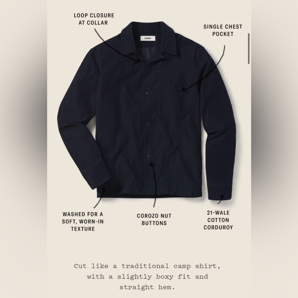 Buck Mason Pinwale Corduroy Camp Shirt NWT